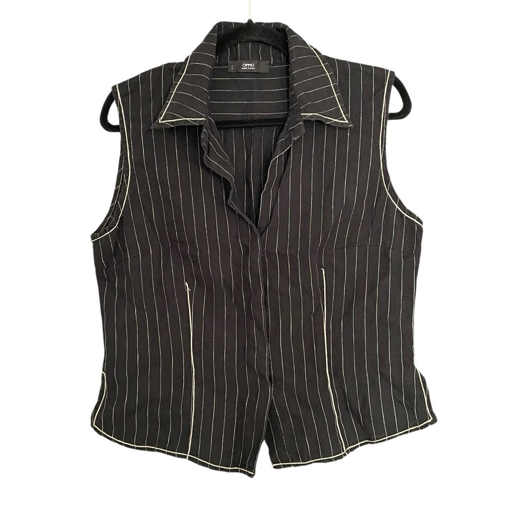 OPPIO Linen Sleeveless Button Front Pinstripe Blouse Black White Tan XL